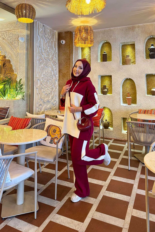 Ensemble tricot bicolore à capuche, bordeaux