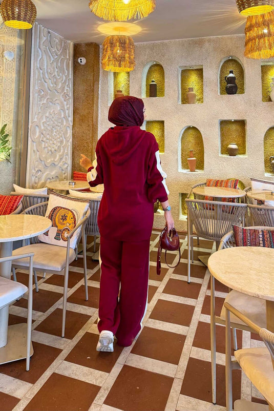 Ensemble tricot bicolore à capuche, bordeaux