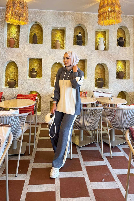 Ensemble tricot bicolore à capuche gris