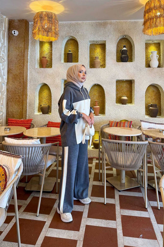 Ensemble tricot bicolore à capuche gris