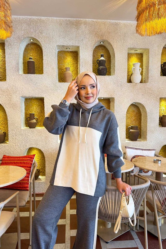 Ensemble tricot bicolore à capuche gris