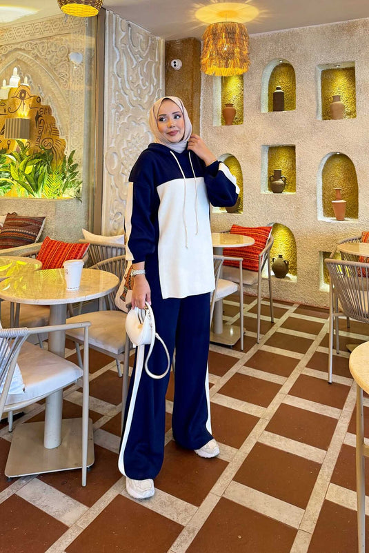 Hooded Two-Tone Knitwear Suit Navy Blue