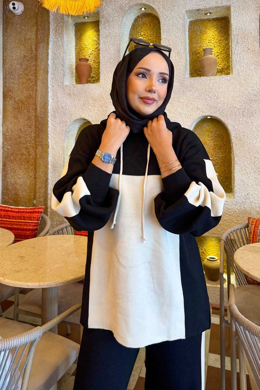 طقم تريكو بغطاء رأس بلونين أسود