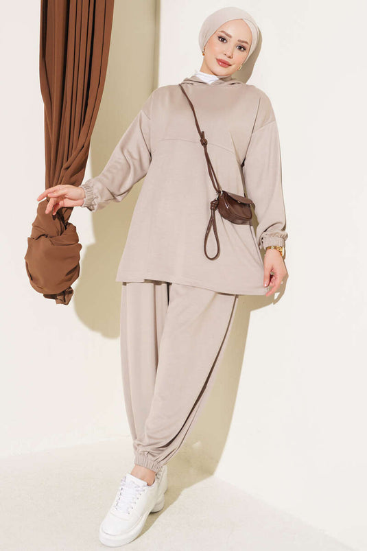 Beige Hooded Drawstring Two-Piece Set