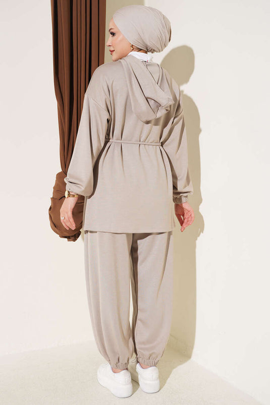 Beige Hooded Drawstring Two-Piece Set
