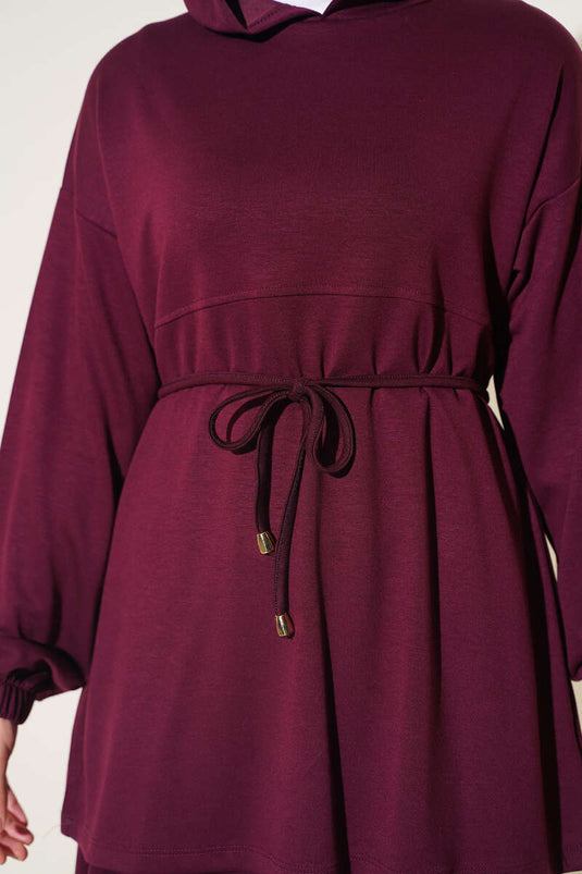 Hooded Drawstring Two-Piece Set In Aubergine