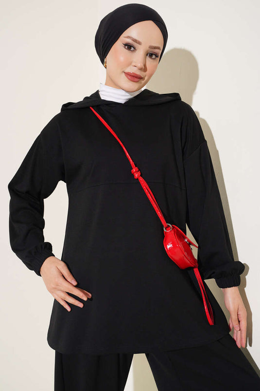 Hooded Drawstring Two-Piece Set Zwart