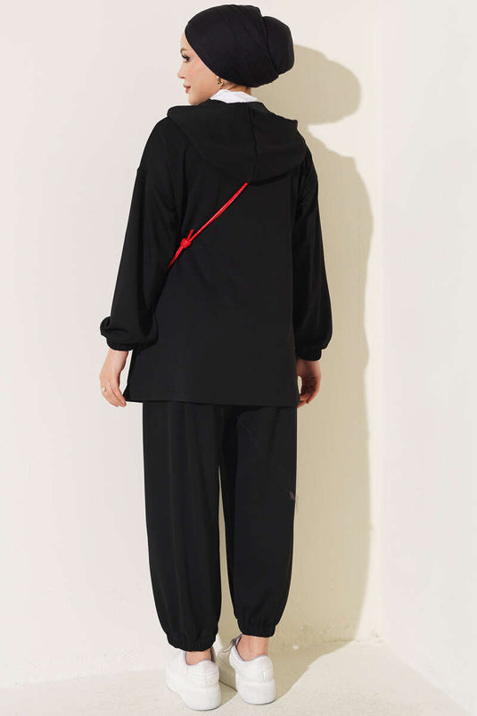 Hooded Drawstring Two-Piece Set Zwart