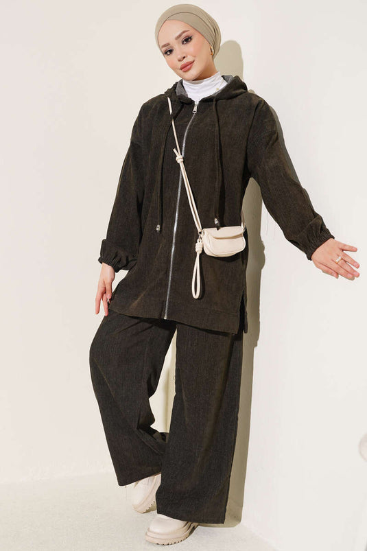 Hooded Fluwelen Twee-Delige Set Khaki