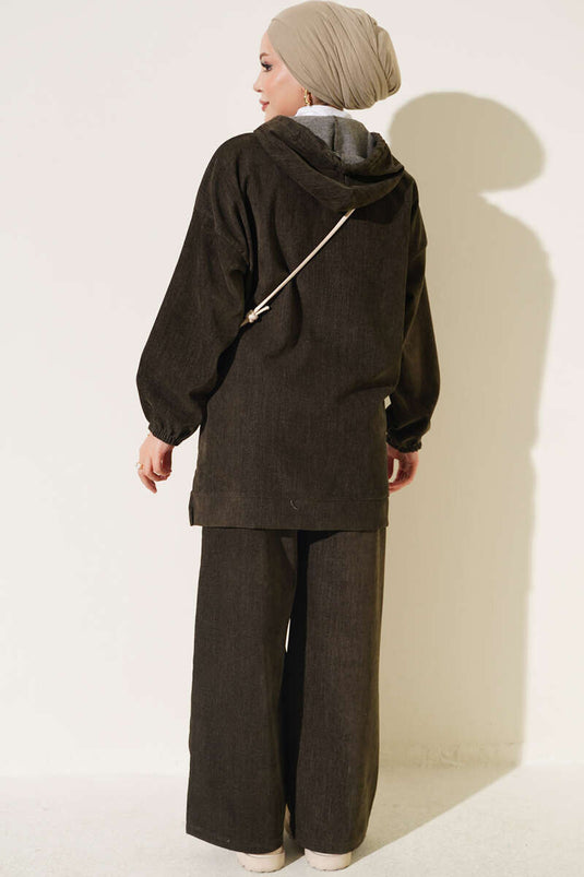 Hooded Fluwelen Twee-Delige Set Khaki