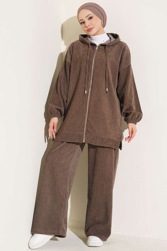Hooded Fluwelen Twee-Delige Set In Mink