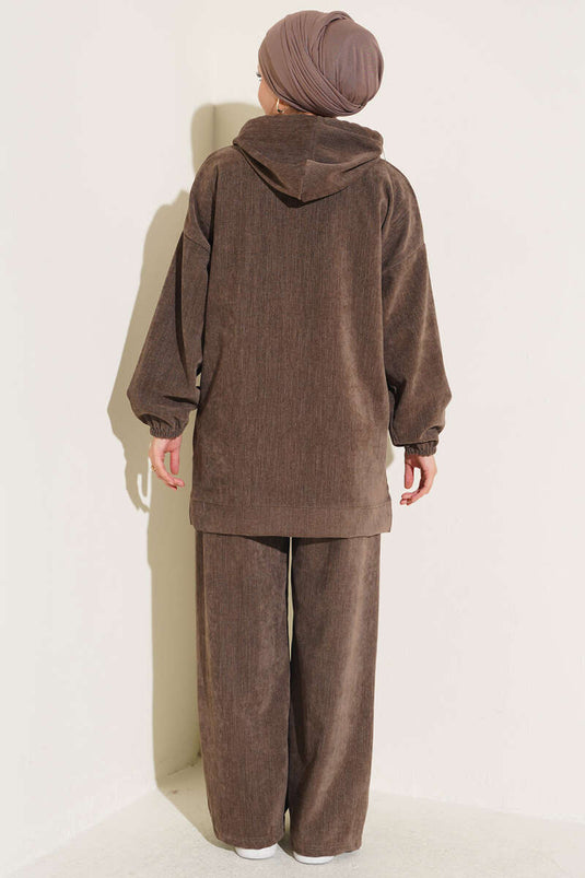 Hooded Fluwelen Twee-Delige Set In Mink