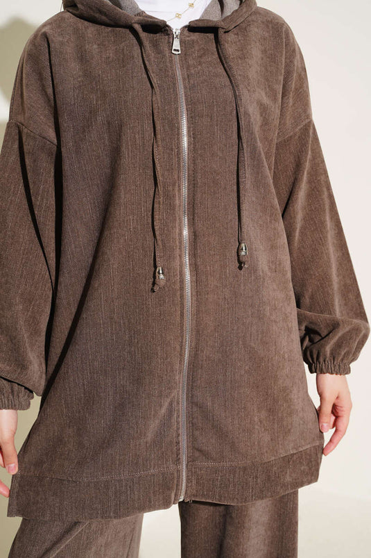 Hooded Fluwelen Twee-Delige Set In Mink
