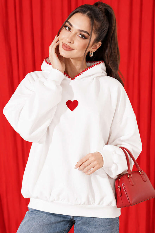 Kapüşonlu Kalp Nakışlı Sweatshirt Ekru