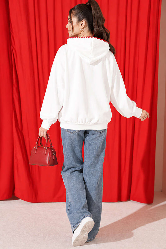 Kapüşonlu Kalp Nakışlı Sweatshirt Ekru