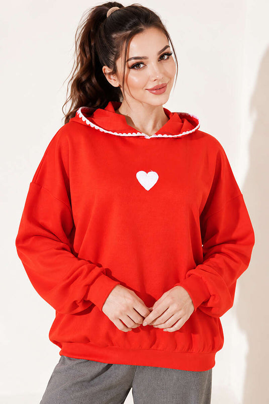 Kapüşonlu Kalp Nakışlı Sweatshirt Kırmızı