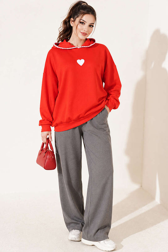 Kapüşonlu Kalp Nakışlı Sweatshirt Kırmızı