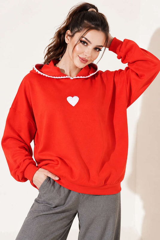 Kapüşonlu Kalp Nakışlı Sweatshirt Kırmızı