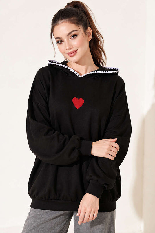 Kapüşonlu Kalp Nakışlı Sweatshirt Siyah