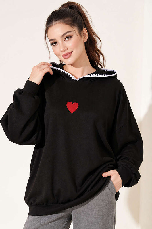 Kapüşonlu Kalp Nakışlı Sweatshirt Siyah