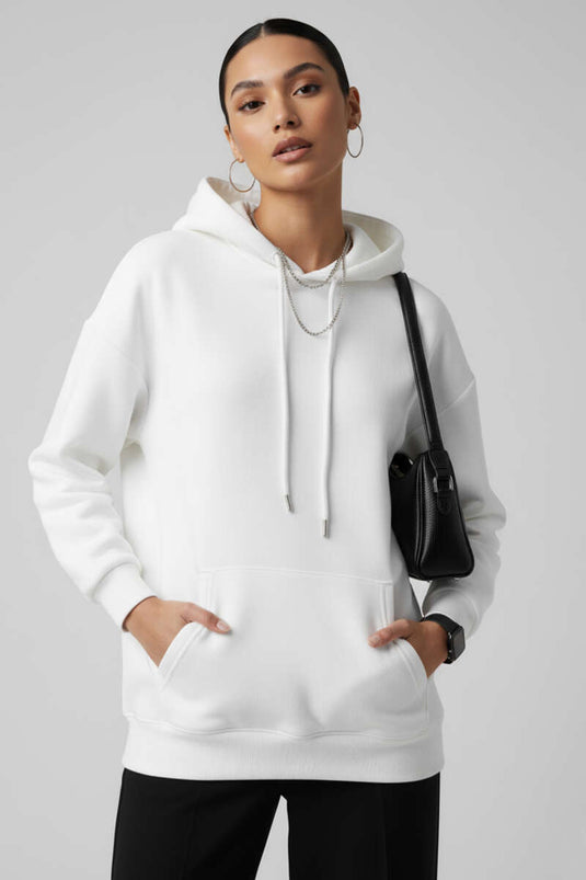 Kapüşonlu Kanguru Cepli Sweatshirt Ekru