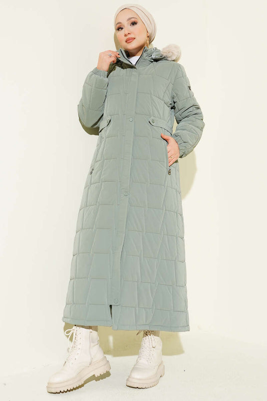 معطف طويل مبطن بغطاء رأس مربع اللون أخضر لوزي