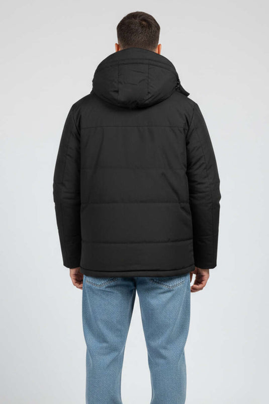 Kapüşonlu Kaz Tüyü Erkek Mont Siyah