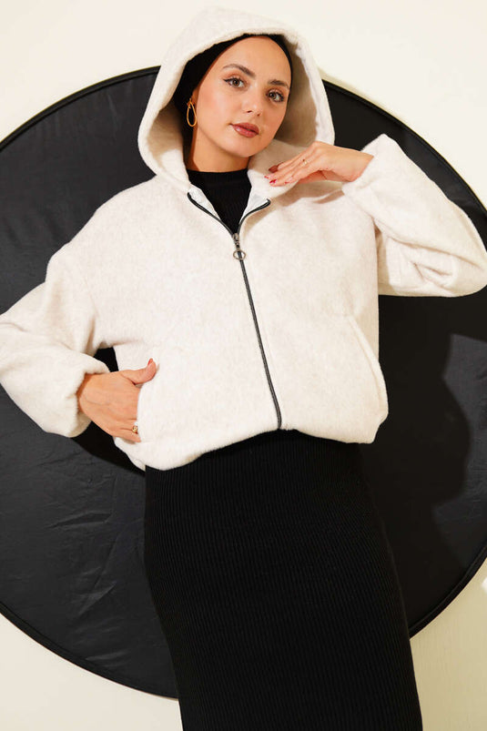 Short Hooded Cashmere Jacket Beige