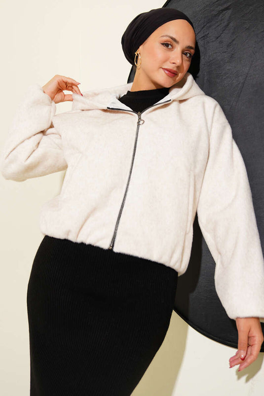 Kapüşonlu Kısa Kaşe Ceket Bej