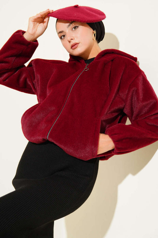 سترة كشمير قصيرة بغطاء رأس، لون عنابي