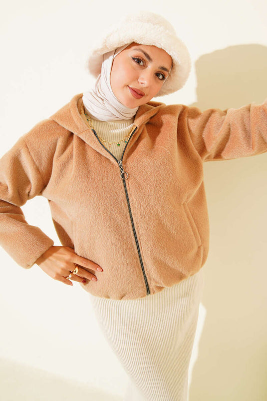 Hooded Short Cashmere Jacket Camel