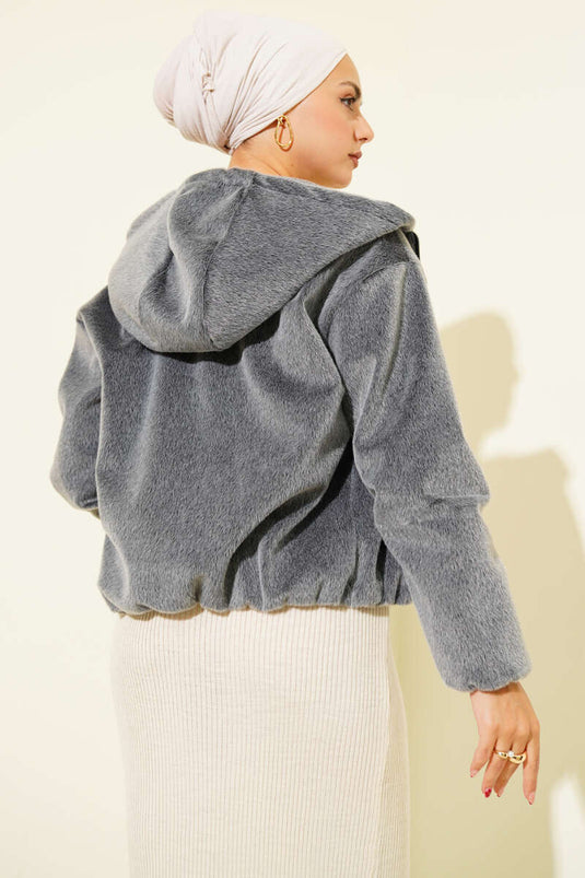 Kapüşonlu Kısa Kaşe Ceket Füme