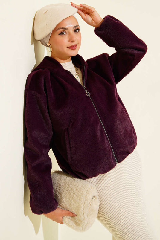 Kapüşonlu Kısa Kaşe Ceket Mürdüm