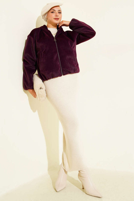 Kapüşonlu Kısa Kaşe Ceket Mürdüm