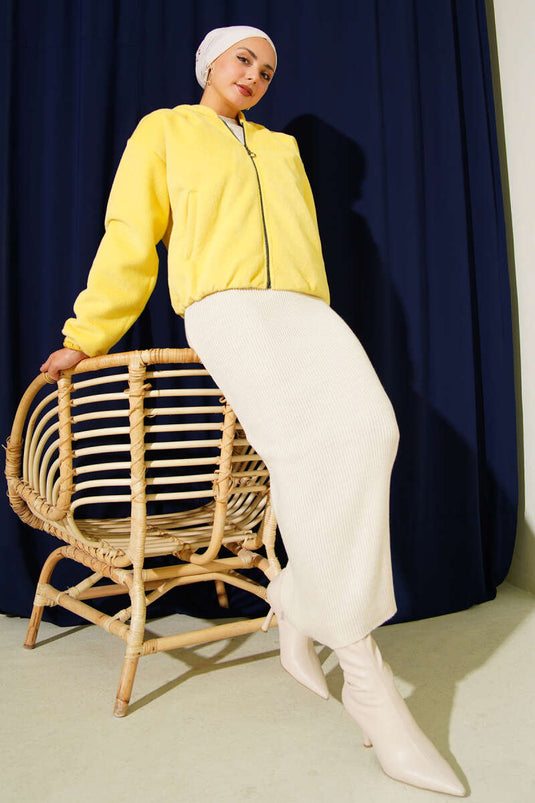 Kapüşonlu Kısa Kaşe Ceket Sarı