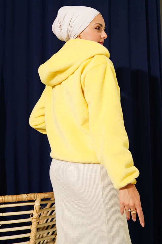 Kapüşonlu Kısa Kaşe Ceket Sarı