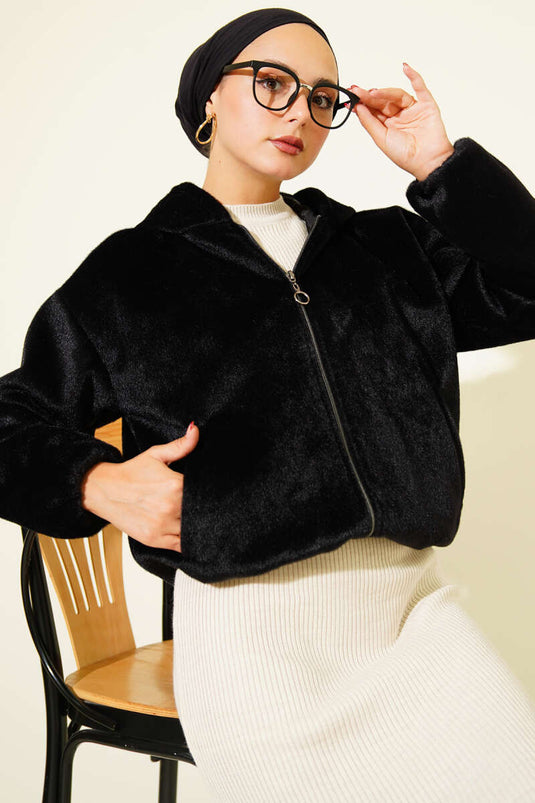 Short Hooded Cashmere Jacket Black