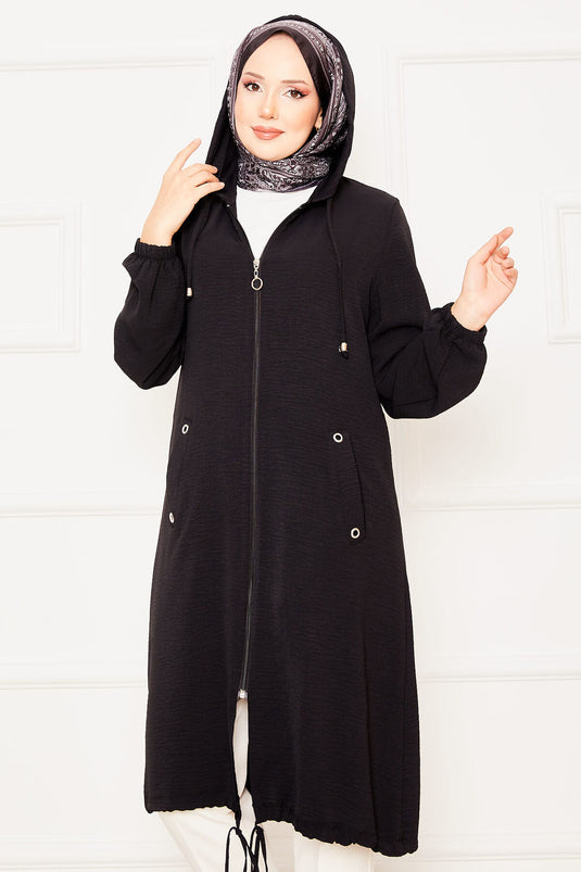 Kapüşonlu Kolları Lastikli Tesettür Kap Siyah