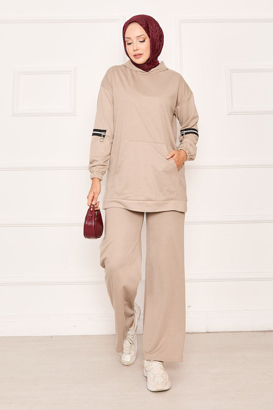 Kapüşonlu Kolu Fermuar Detaylı İkili Takım Bej