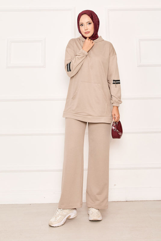 Kapüşonlu Kolu Fermuar Detaylı İkili Takım Bej