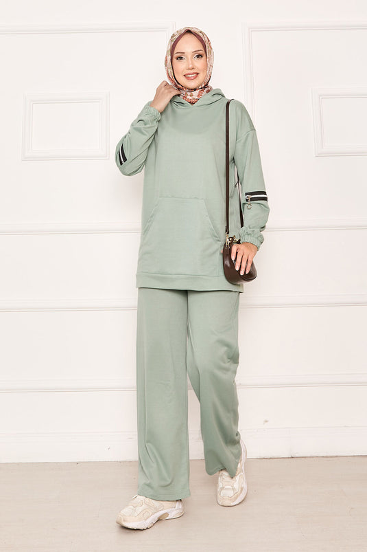 Kapüşonlu Kolu Fermuar Detaylı İkili Takım Mint