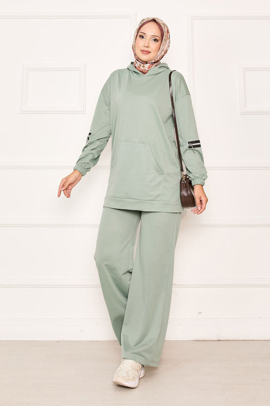 Kapüşonlu Kolu Fermuar Detaylı İkili Takım Mint