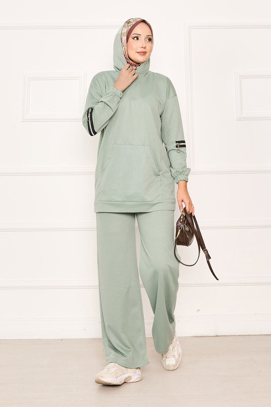Kapüşonlu Kolu Fermuar Detaylı İkili Takım Mint