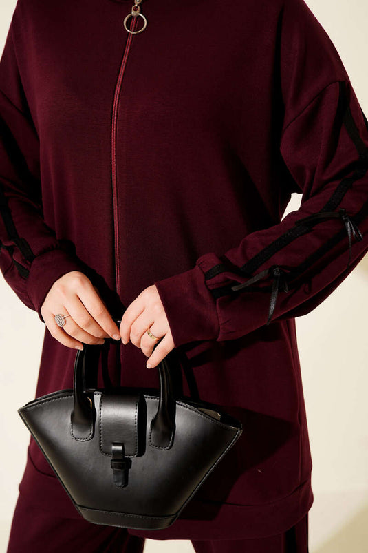 Kapüşonlu Kurdele Detaylı Loyşa İkili Takım Bordo