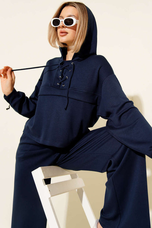 Hooded Two-Piece Set with Eyelet Detail, Navy Blue