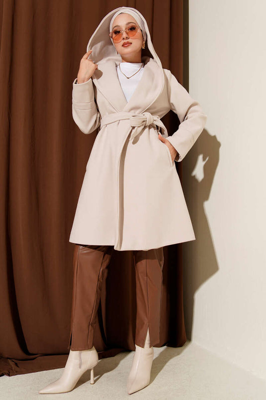 Hooded, Belted, Detailed Kaşe Overcoat Stone