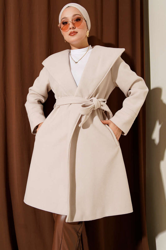 Hooded, Belted, Detailed Kaşe Overcoat Stone
