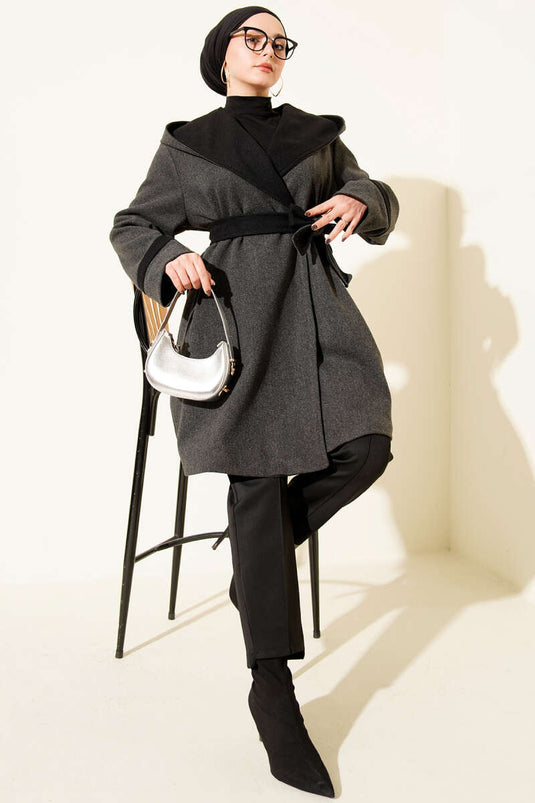 Kapüşonlu Kuşaklı Kaşe Kaban Antrasit