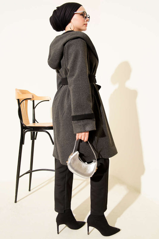 Kapüşonlu Kuşaklı Kaşe Kaban Antrasit