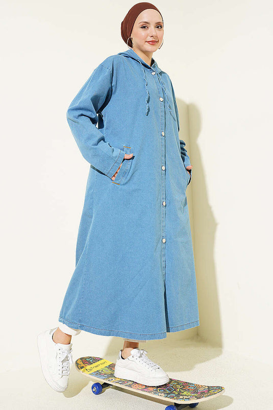 Light Blue Denim Coat with Hood and Metal Buttons